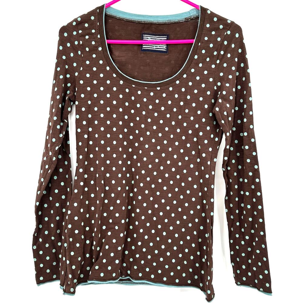 Boden Size 8 Long Sleeve Shirt Top Brown Light Blue Polka Dot All Over‎ Design